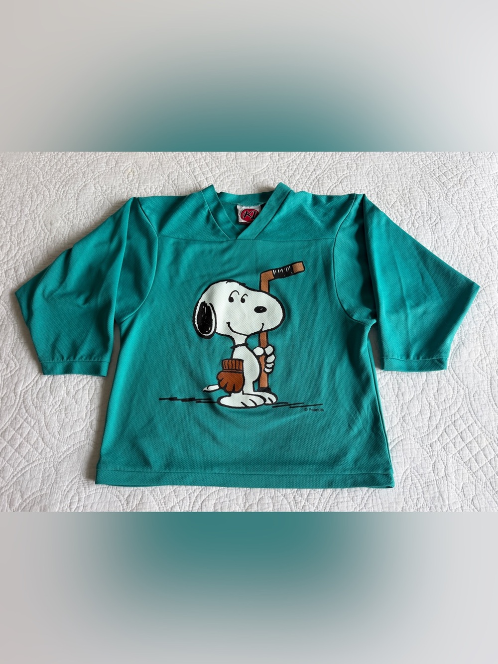 Vintage 90s Y2K SNOOPY Hockey Jersey Teal Green Youth  L/XL Mesh Made in USA EUC